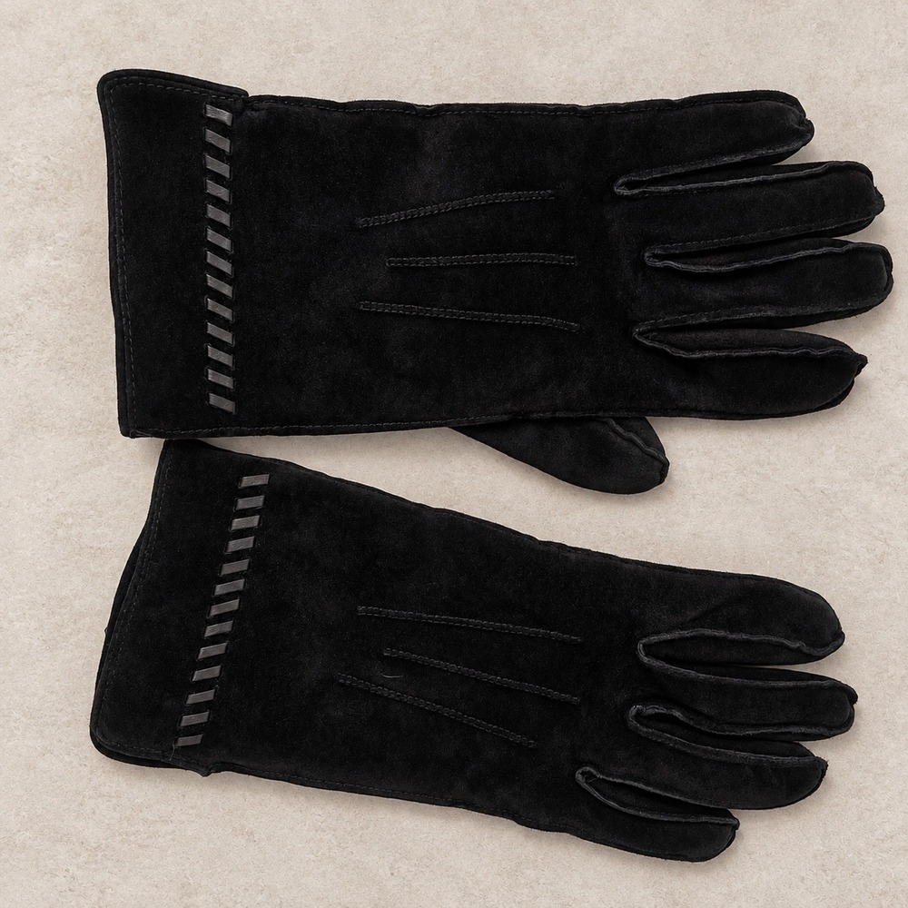 Genuine Leather Suede Gloves Black Acrylic Knit Lined Whipstitch Detail Size M